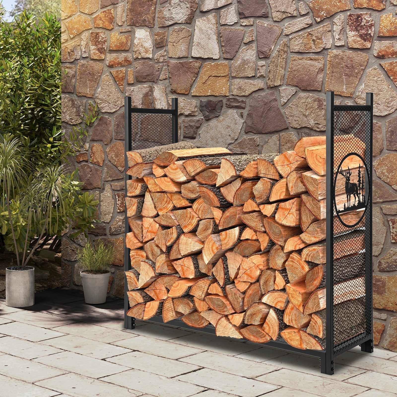 4-foot firewood rack stand with mesh sides for outdoor log storage, sturdy metal frame for easy firewood organization.