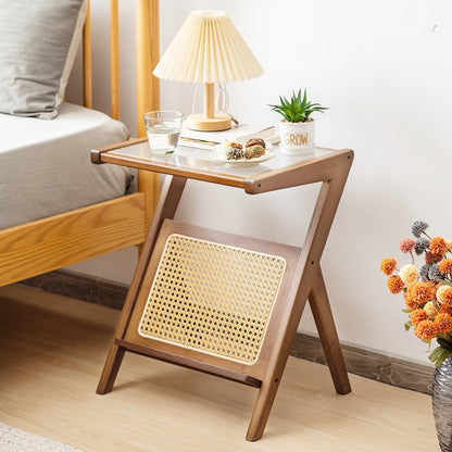Boho End Table with Magazine Rack and Tempered Glass Top-Natural