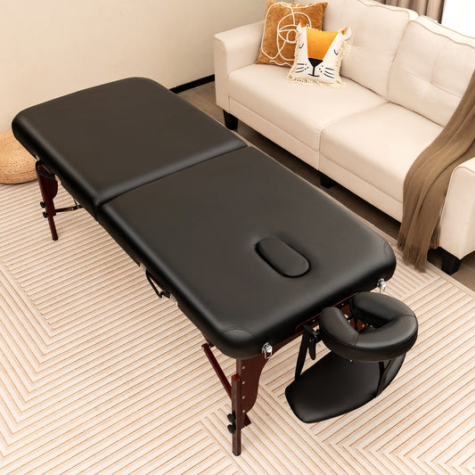Folding Massage Table with Height-adjustable Beech Wood Frame-Black