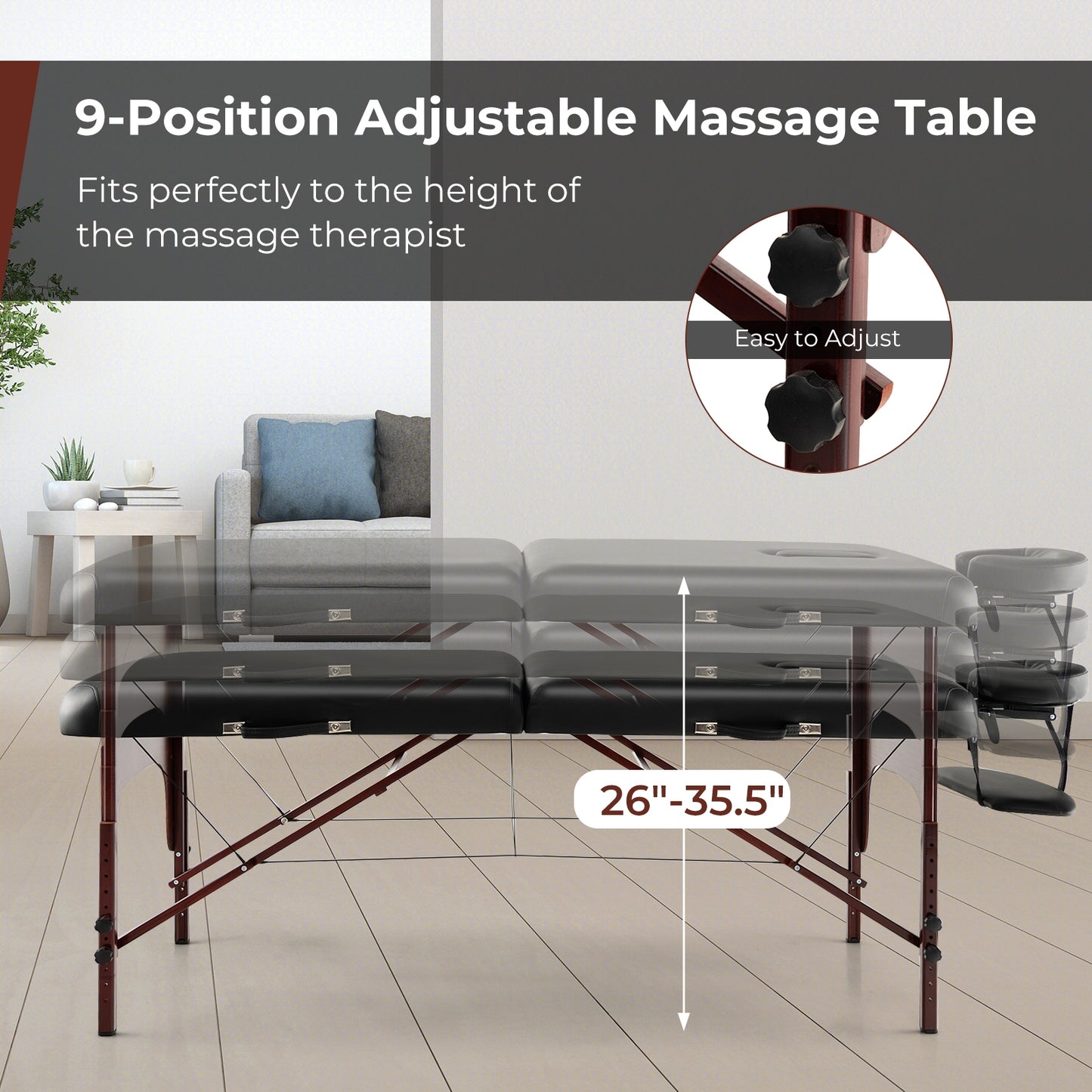 Folding Massage Table with Height-adjustable Beech Wood Frame-Black