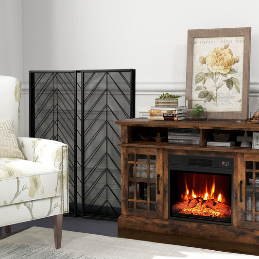 3-Panel Metal Foldable Fireplace Screen with Metal Mesh-Black