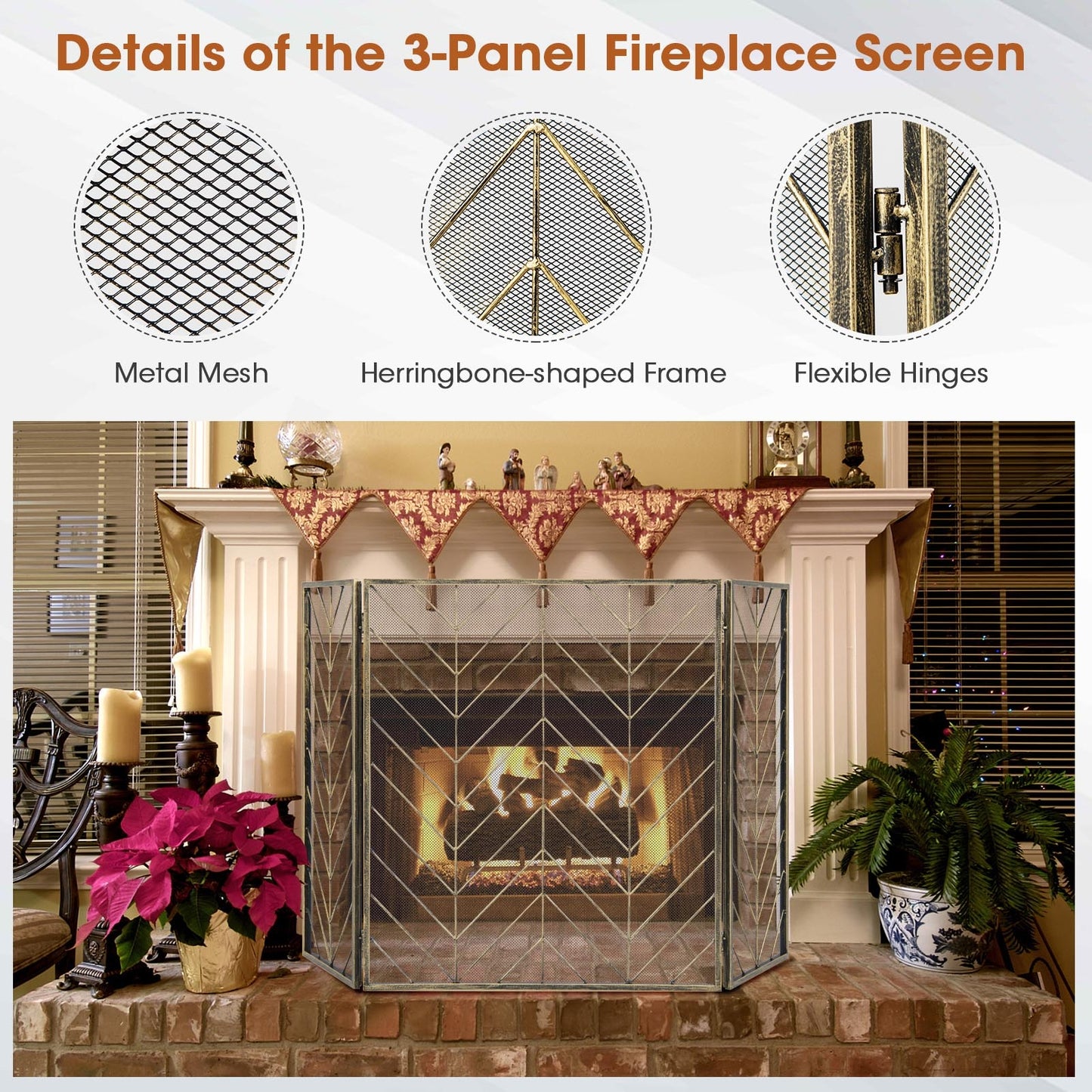 3-Panel Metal Foldable Fireplace Screen with Metal Mesh-Bronze