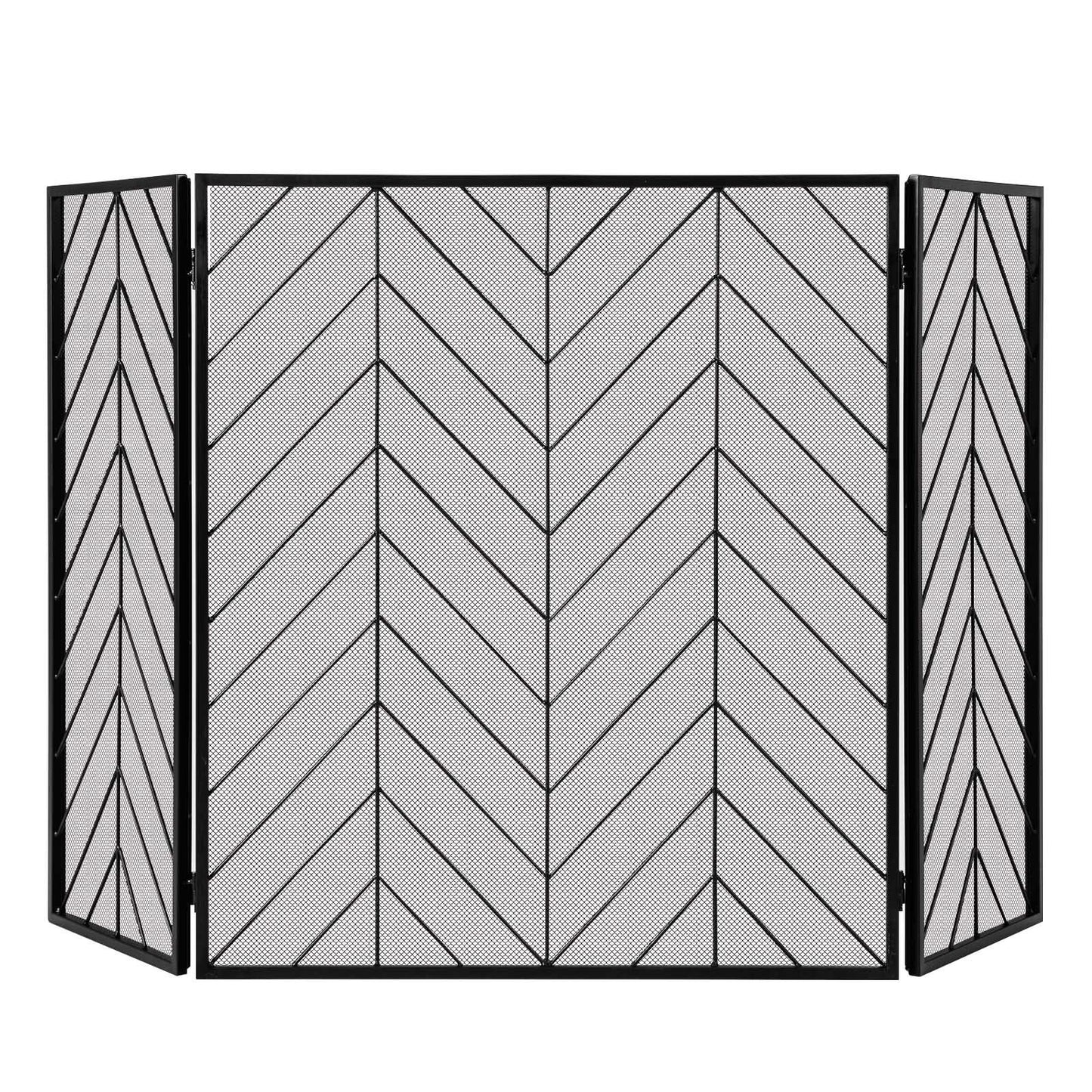 3-Panel Metal Foldable Fireplace Screen with Metal Mesh-Black