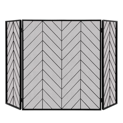 3-Panel Metal Foldable Fireplace Screen with Metal Mesh-Black