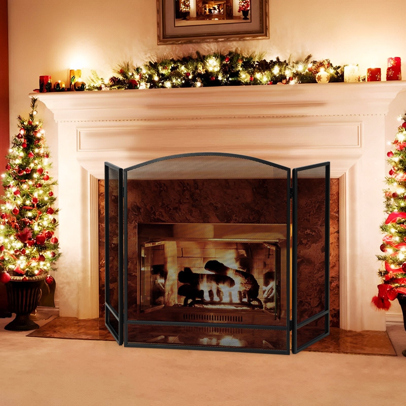 Black 3-panel foldable fireplace screen with wrought metal mesh for outdoor fireplaces, designed for safety and style.