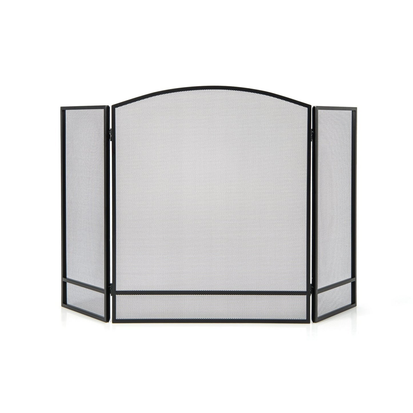 Black 3-panel foldable fireplace screen with wrought metal mesh for outdoor heating, designed to protect and decorate fireplaces.