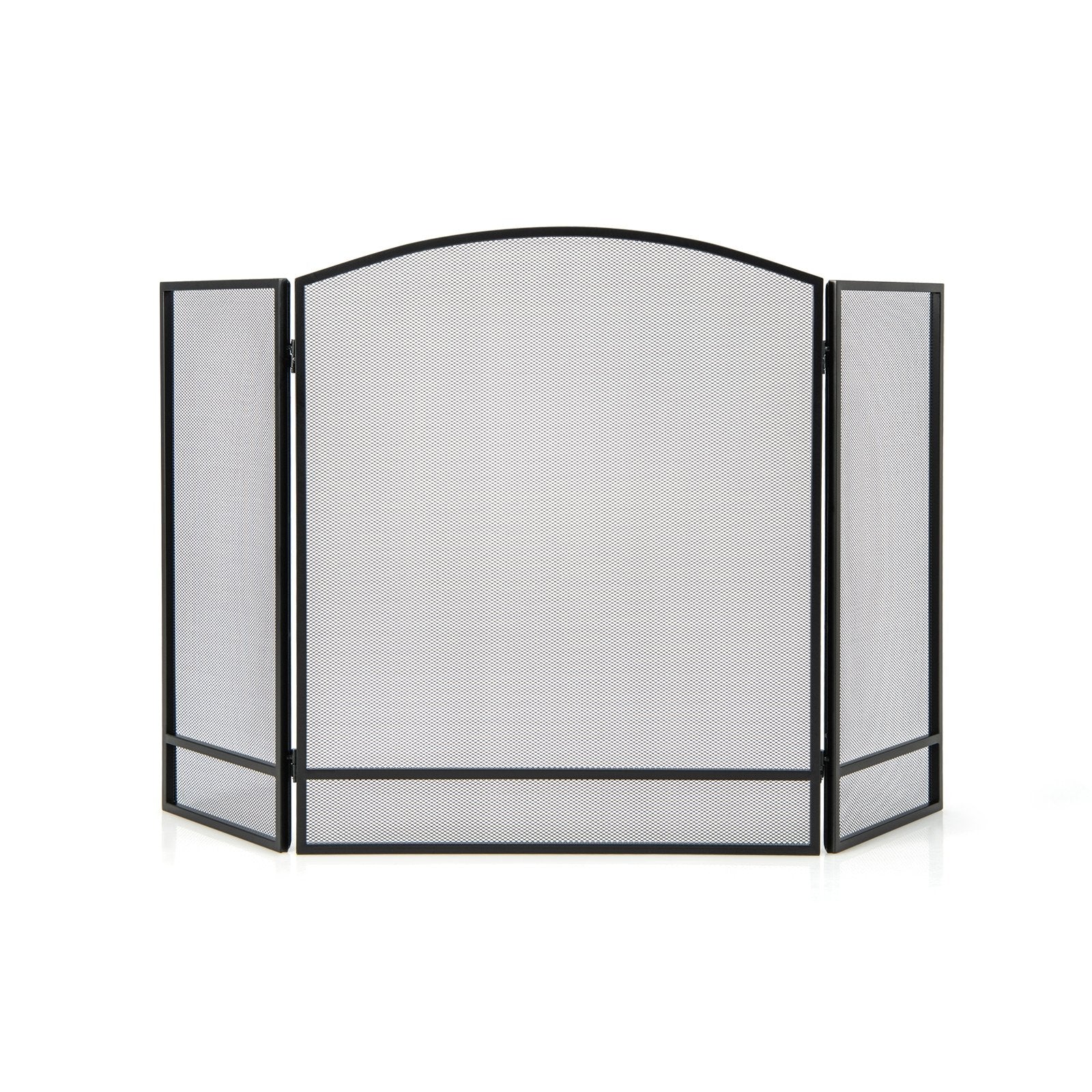 Black 3-panel foldable fireplace screen with wrought metal mesh for outdoor heating, designed to protect and decorate fireplaces.