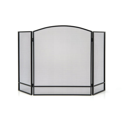 Black 3-panel foldable fireplace screen with wrought metal mesh for outdoor heating, designed to protect and decorate fireplaces.