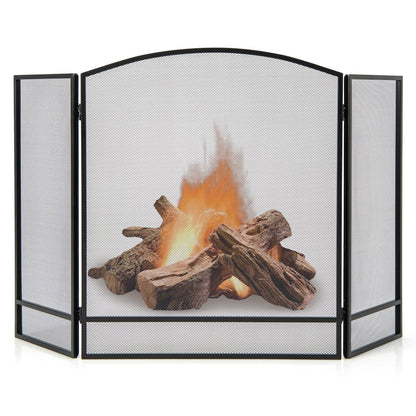 3-Panel Foldable Fireplace Screen with Wrought Metal Mesh-Black