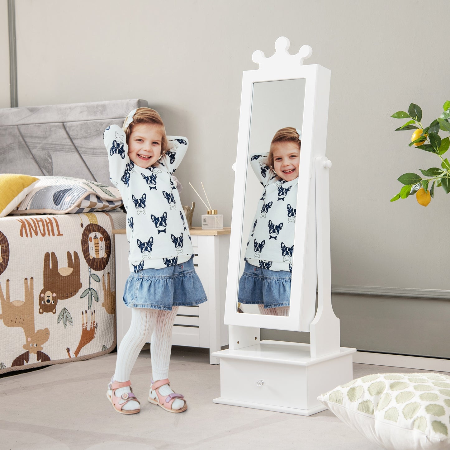2-in-1 Kids Play Jewelry Armoire with Full Length Mirror and Drawers-Pink