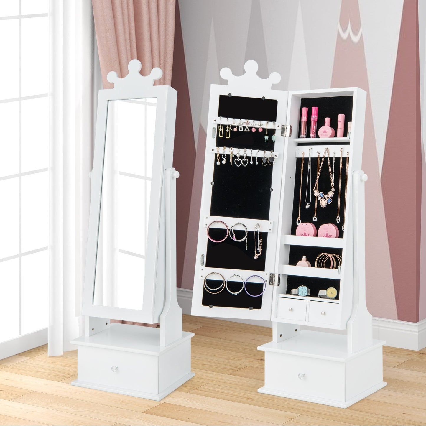 2-in-1 Kids Play Jewelry Armoire with Full Length Mirror and Drawers-Pink