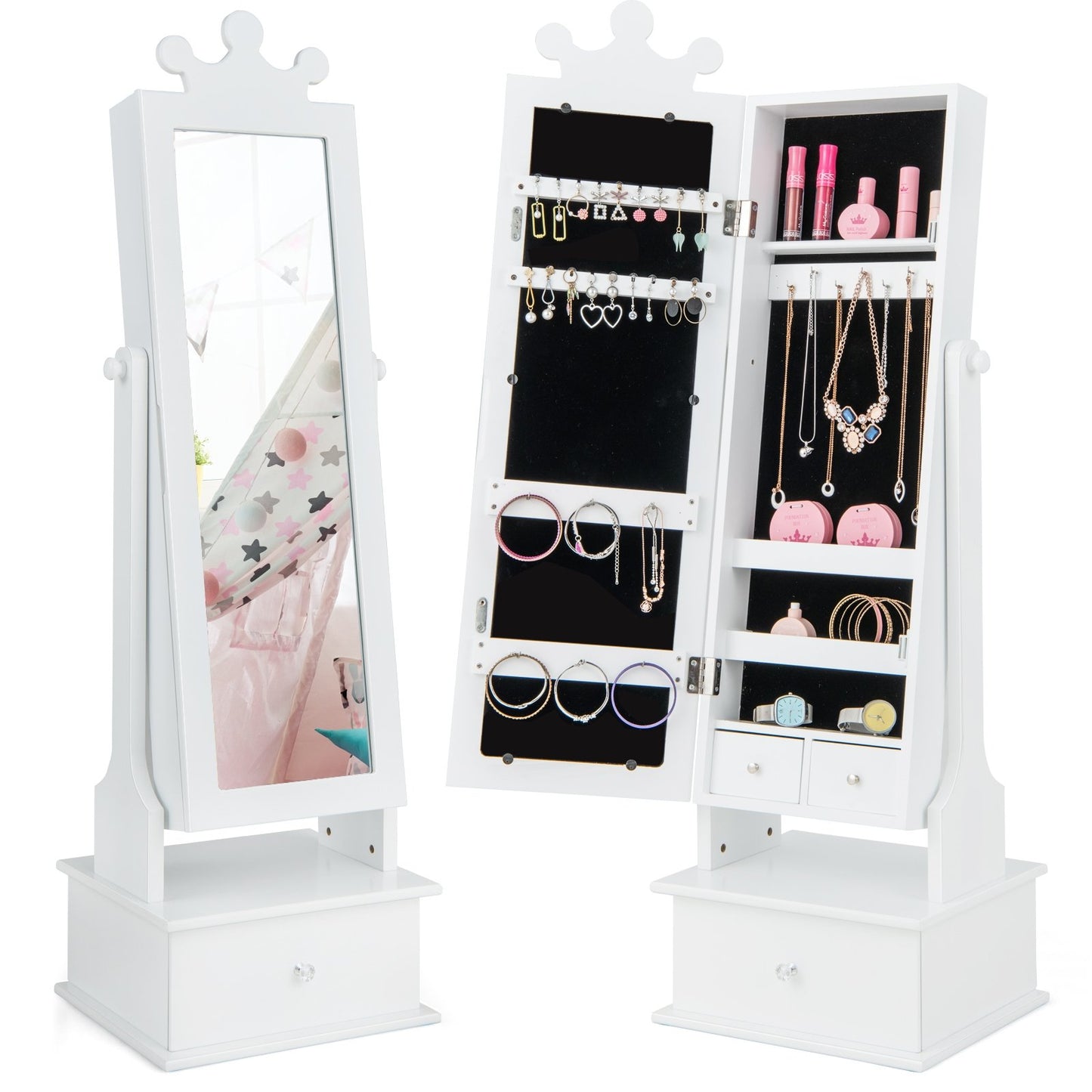 2-in-1 Kids Play Jewelry Armoire with Full Length Mirror and Drawers-Pink