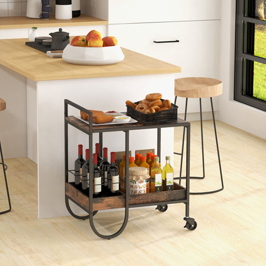 Rolling Buffet Serving Cart with Removable Metal Wire Wine Rack-Brown