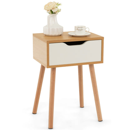 Modern nightstand with a storage drawer, part of a bedroom furniture set, featuring sleek design and wood finish.