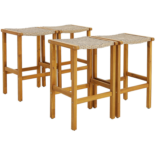 Set of 2 or 4 outdoor patio wood bar stools from Wilsons Home Store, featuring sturdy frames and natural wood finish for outdoor seating