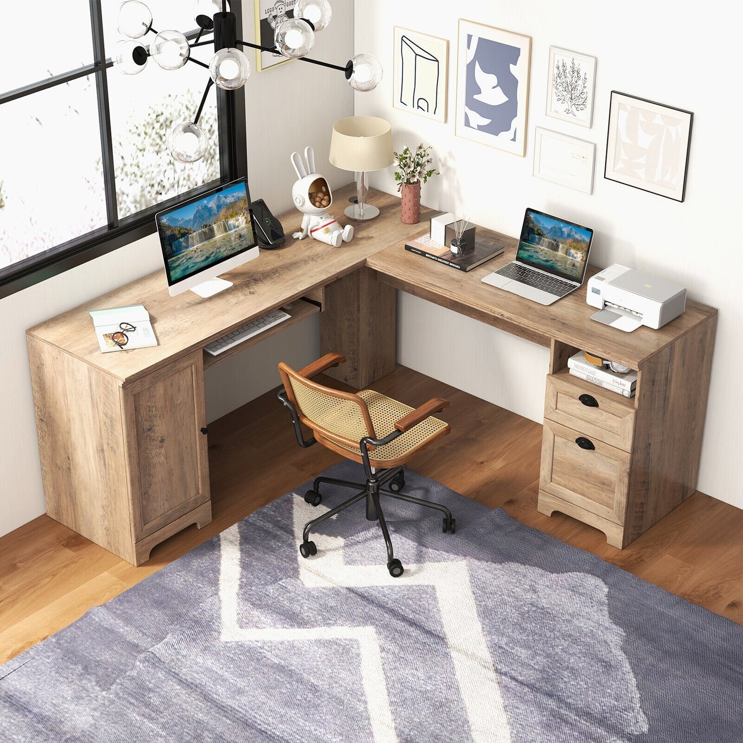 66 Inch L-Shaped Computer Desk-Oak