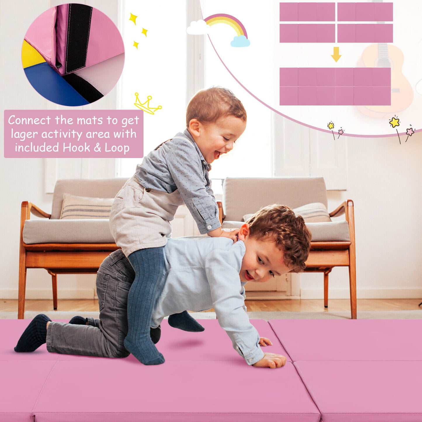 6 x 2 FT Tri-Fold Gym Mat with Handles and Removable Zippered Cover-Pink