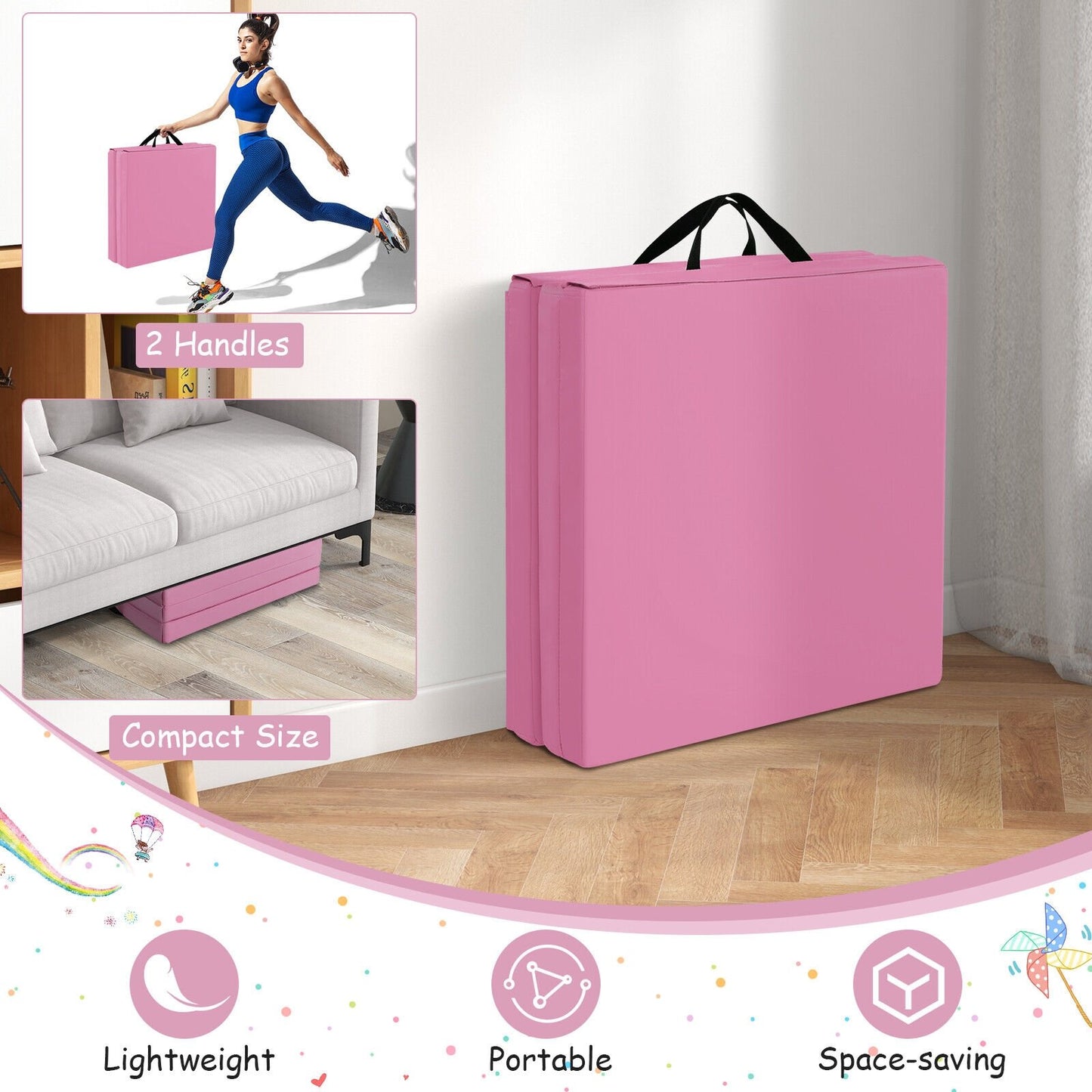 6 x 2 FT Tri-Fold Gym Mat with Handles and Removable Zippered Cover-Pink