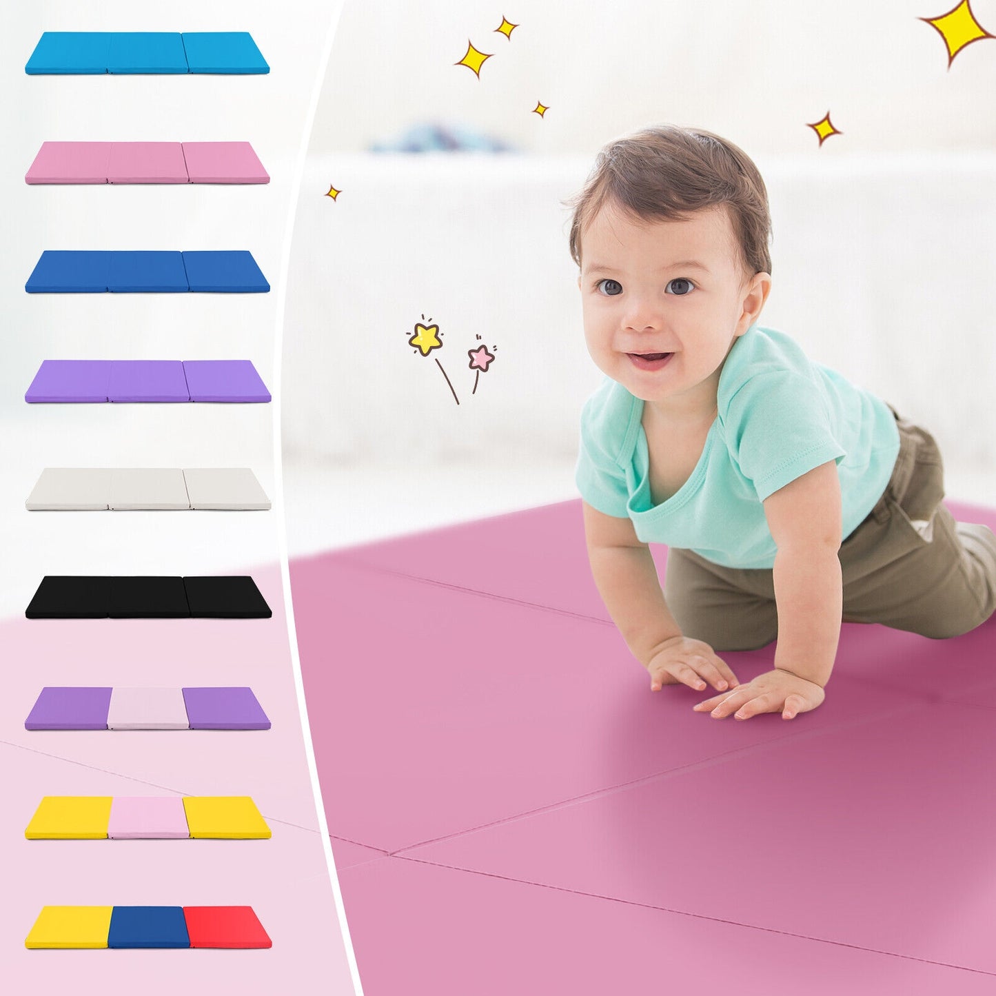 6 x 2 FT Tri-Fold Gym Mat with Handles and Removable Zippered Cover-Pink
