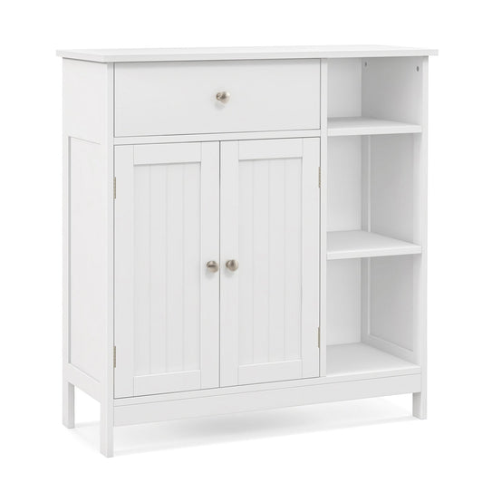 White bathroom floor cabinet with drawer and open compartments, ideal for bathroom storage and organization.