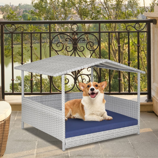 Wicker Dog House with Waterproof Roof and Washable Cushion Cover-Navy