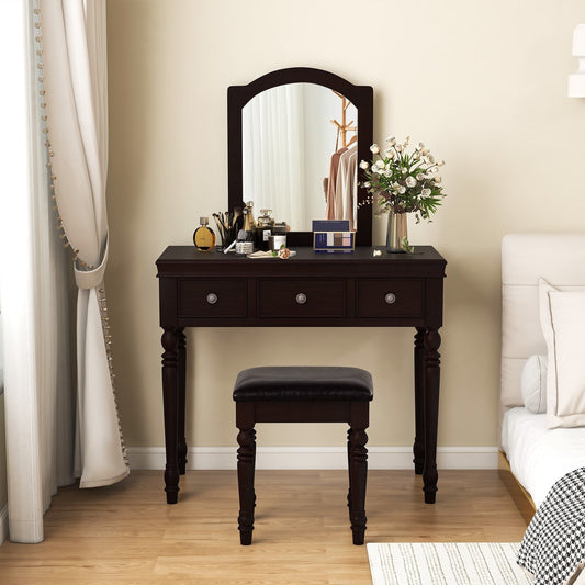 Makeup Vanity Table and Stool Set with Detachable Mirror and 3 Drawers Storage-Walnut