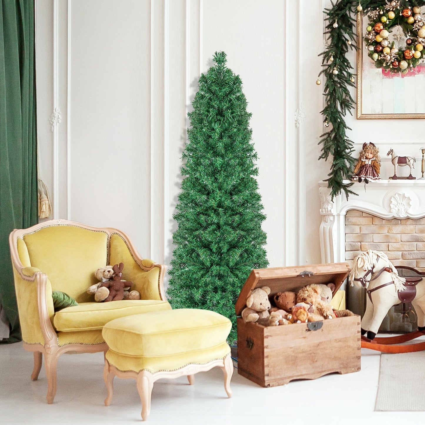 5/6/7/8 FT Pre-Lit Christmas Pencil Tree with Colorful Fiber Optics Green-6 ft