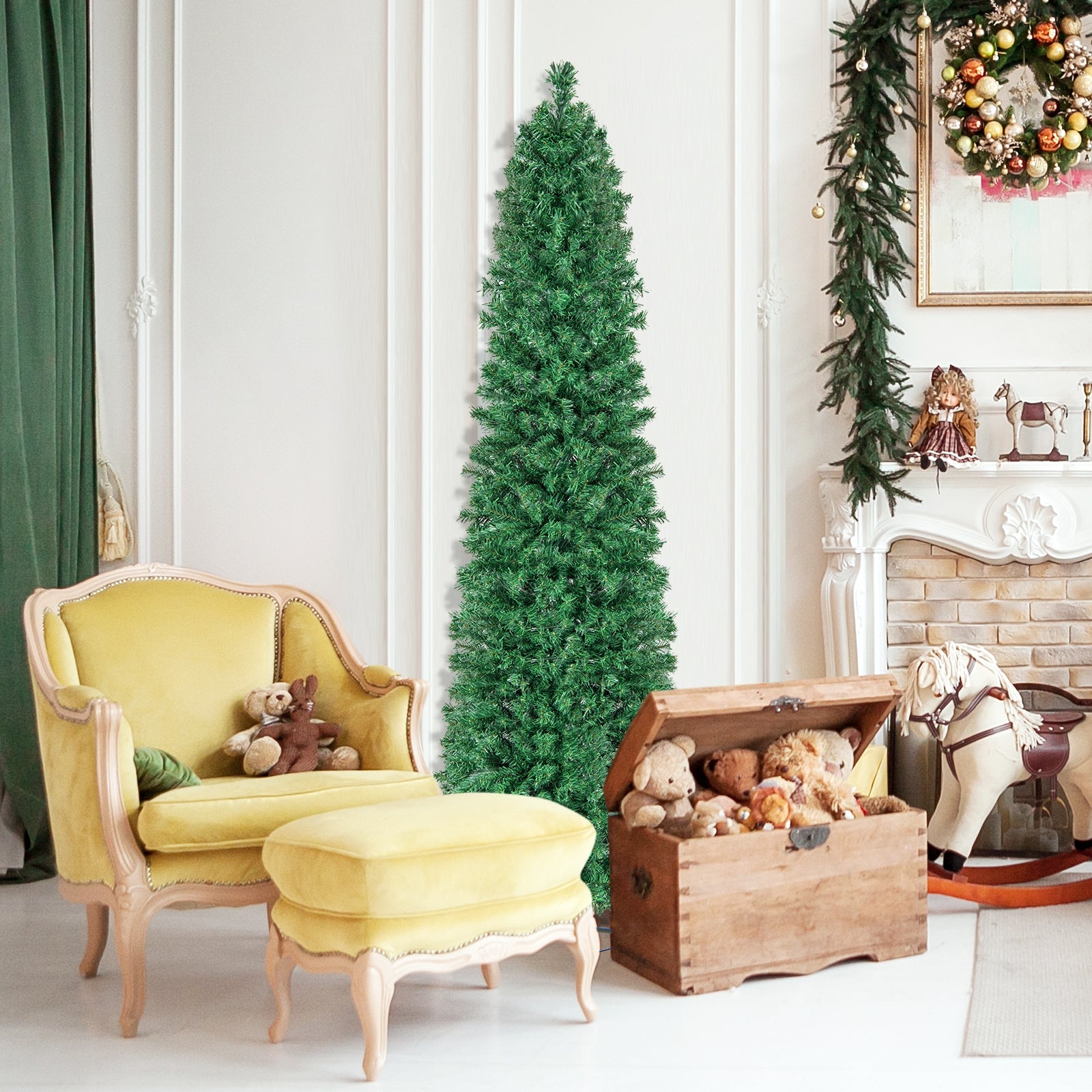 7 ft pre-lit Christmas pencil tree with colorful fiber optics, green branches, perfect holiday decor for festive celebrations