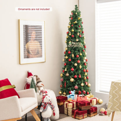 7 ft pre-lit Christmas pencil tree with colorful fiber optics and green branches, ideal holiday decor for festive settings.