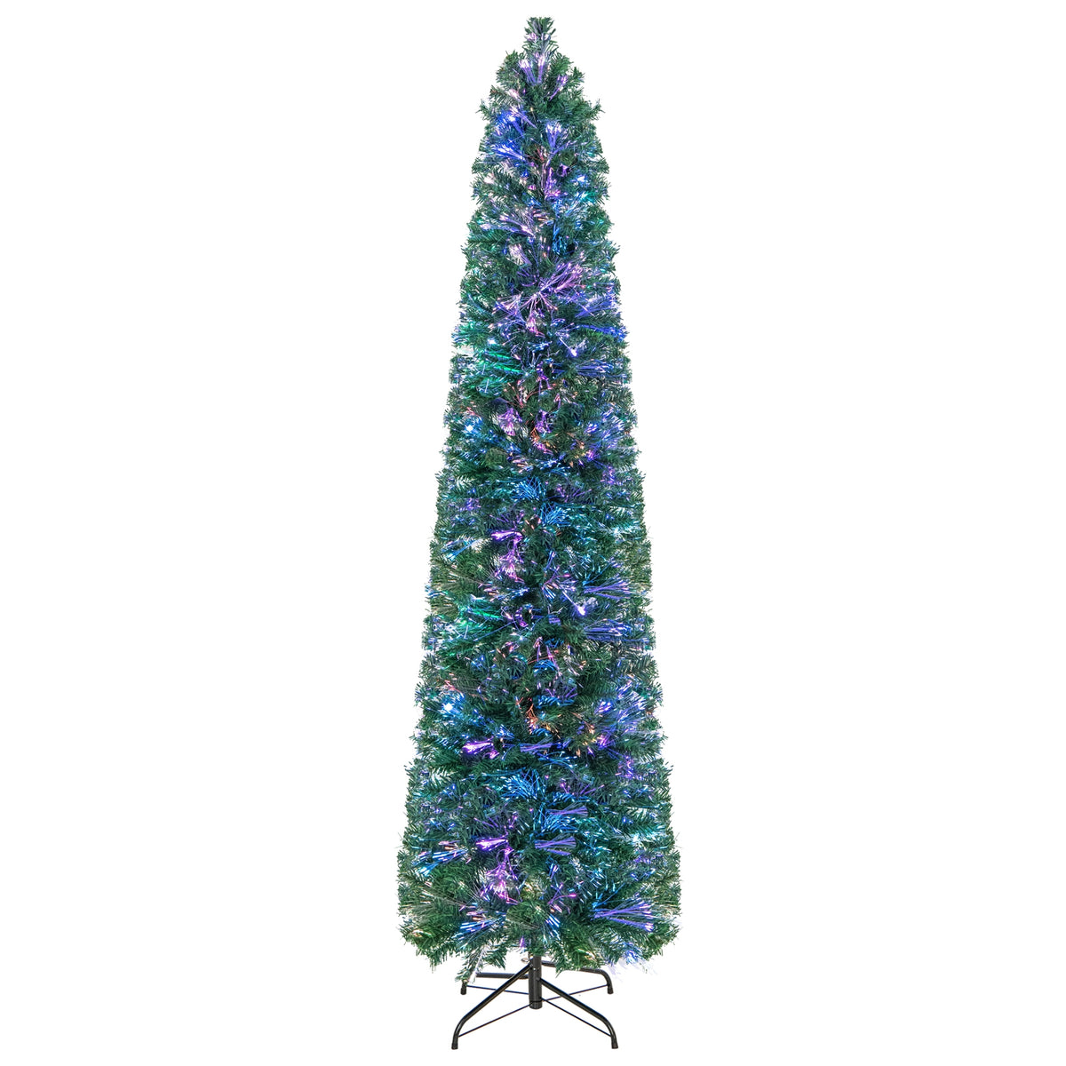 7 ft pre-lit Christmas pencil tree with colorful fiber optics, green branches, ideal holiday decor.