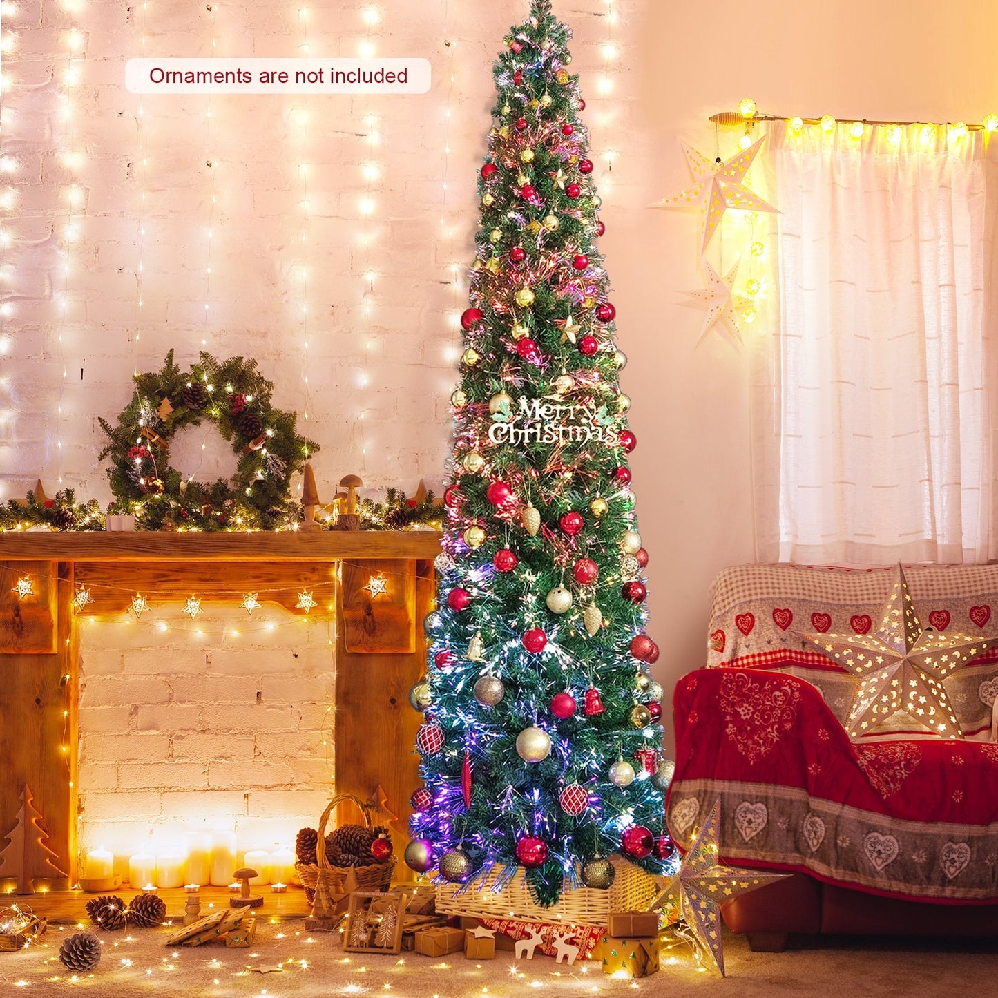 5/6/7/8 FT Pre-Lit Christmas Pencil Tree with Colorful Fiber Optics Green-6 ft