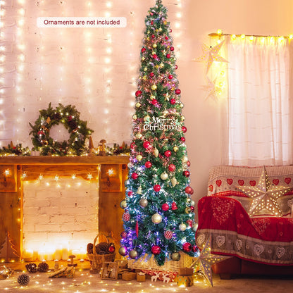 5/6/7/8 FT Pre-Lit Christmas Pencil Tree with Colorful Fiber Optics Green-6 ft