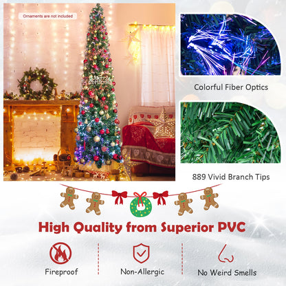 5/6/7/8 FT Pre-Lit Christmas Pencil Tree with Colorful Fiber Optics Green-8 ft