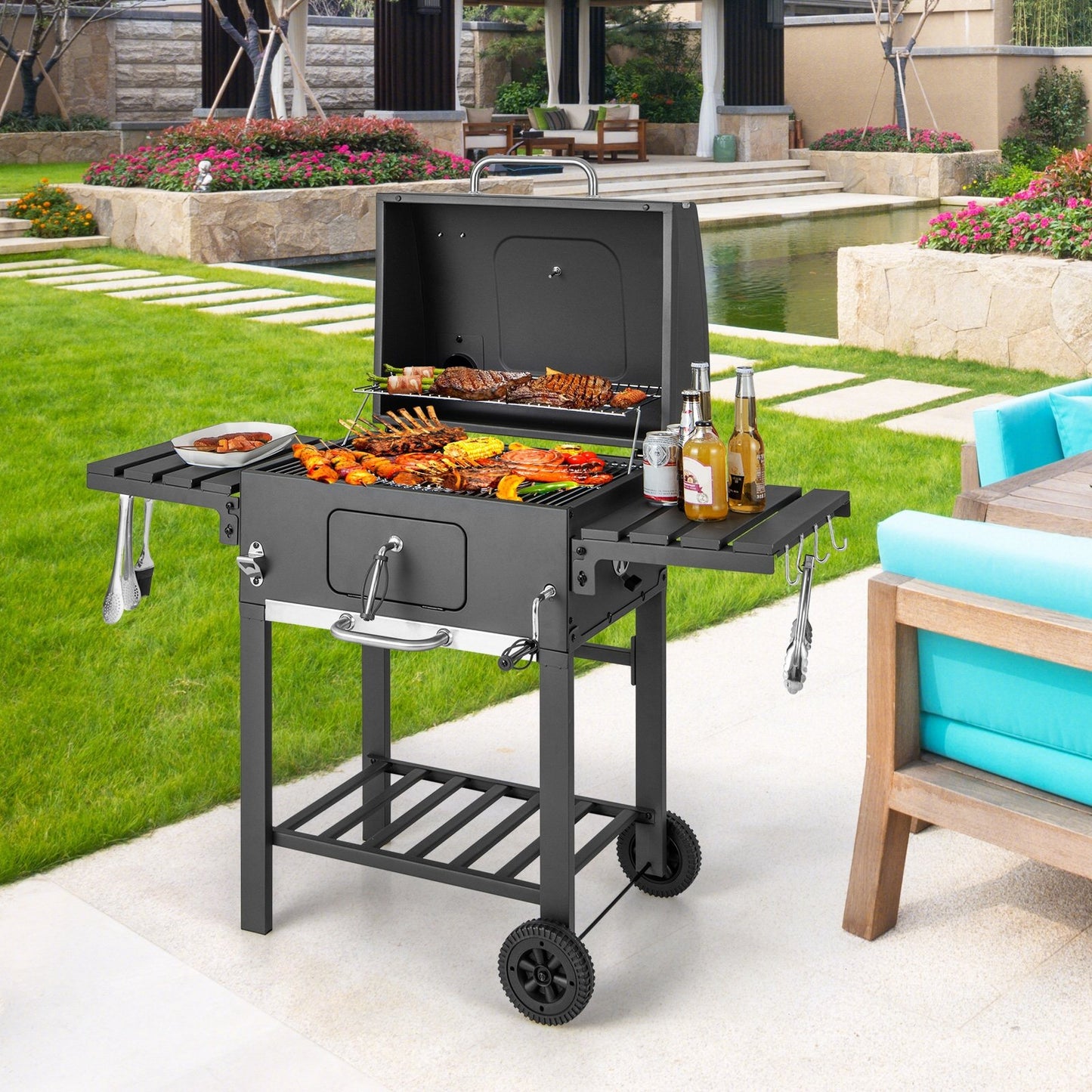 Outdoor BBQ Charcoal Grill with 2 Foldable Side Table and Wheels