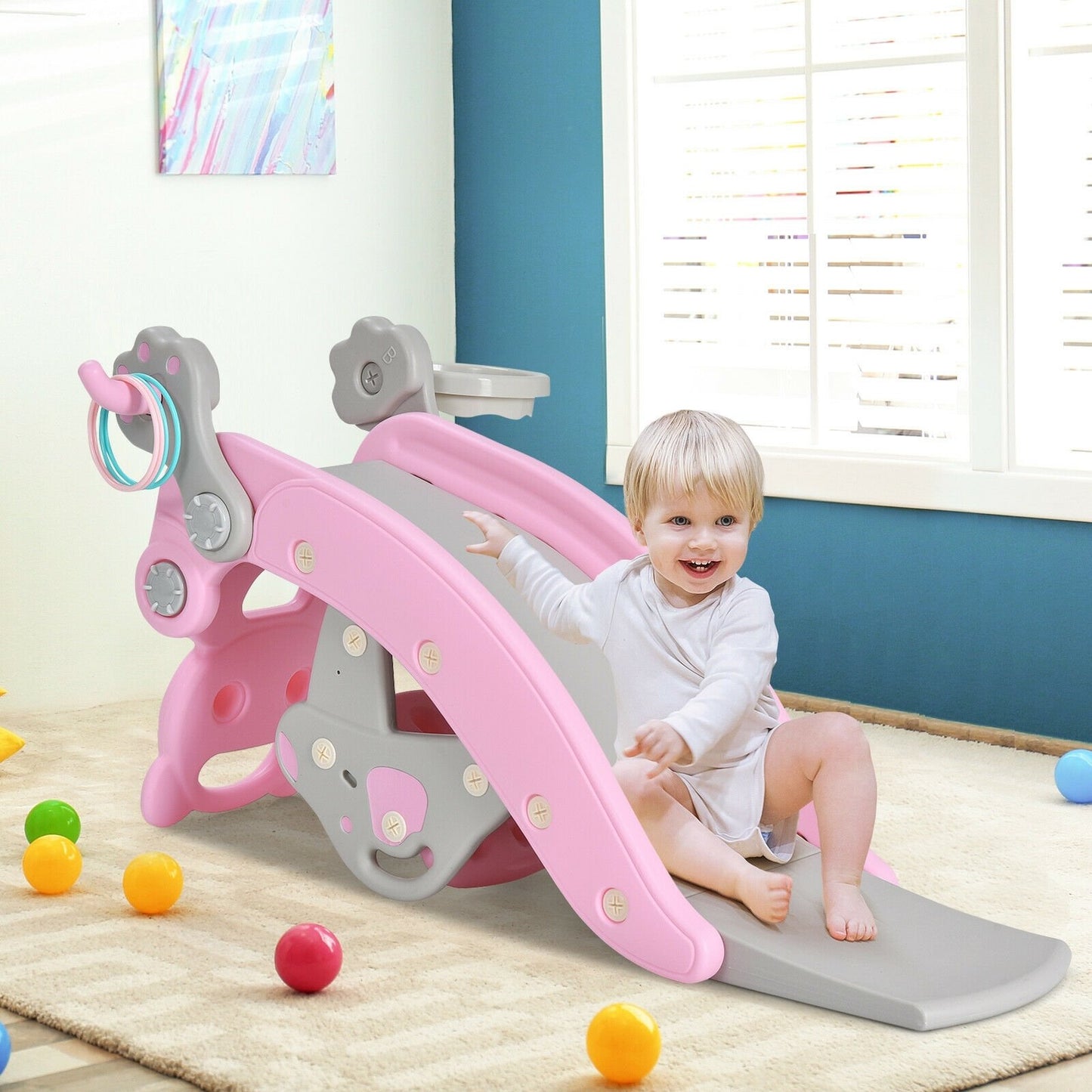 4-in-1 Toddler Slide and Rocking Horse Playset with Basketball Hoop-Blue