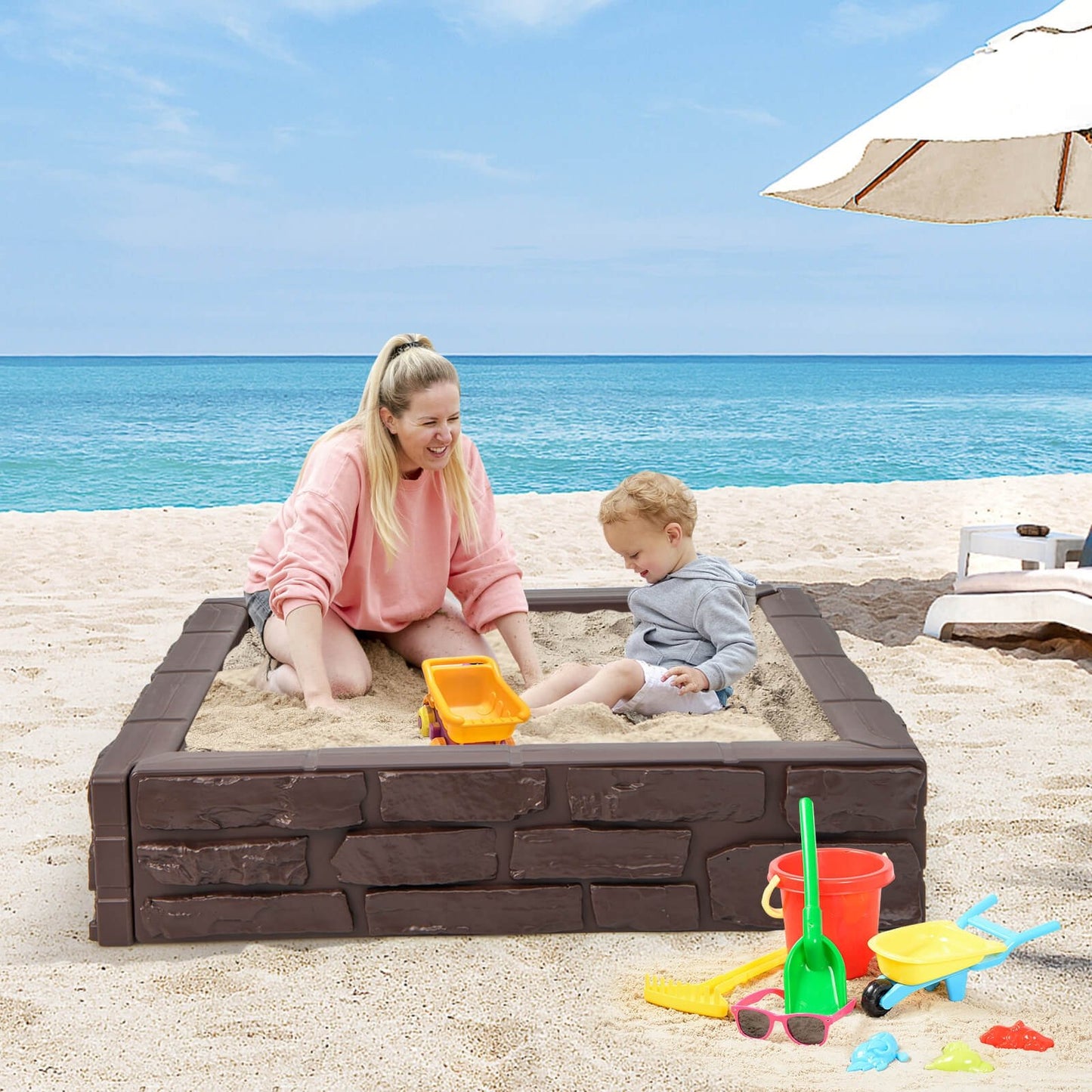 2-In-1 HDPE Kids Sandbox with Cover and Bottom Liner-Brown