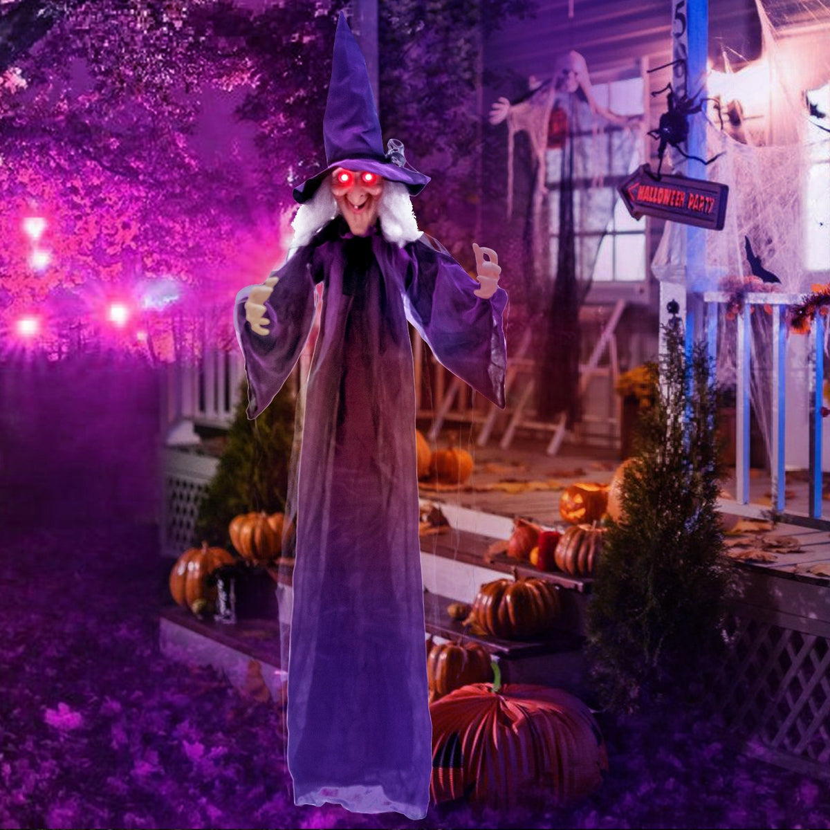 Hanging Halloween decoration with pre-recorded phrases, spooky themed decor for Halloween celebrations.