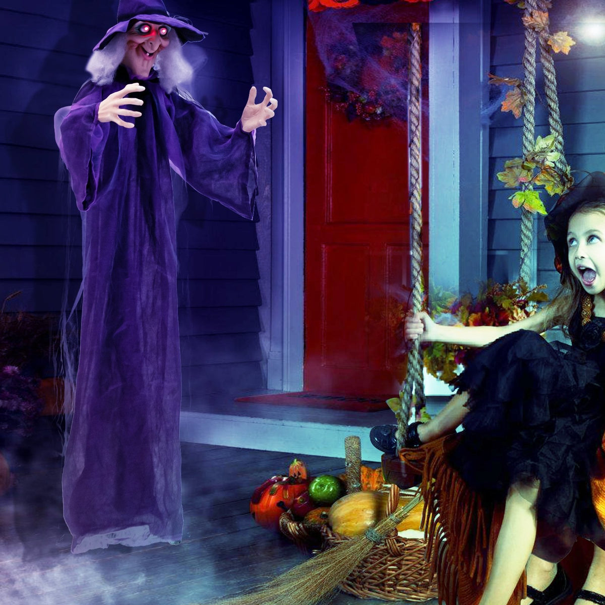 Hanging Halloween decoration with pre-recorded phrases, spooky design, and orange and black colors for holiday decor.