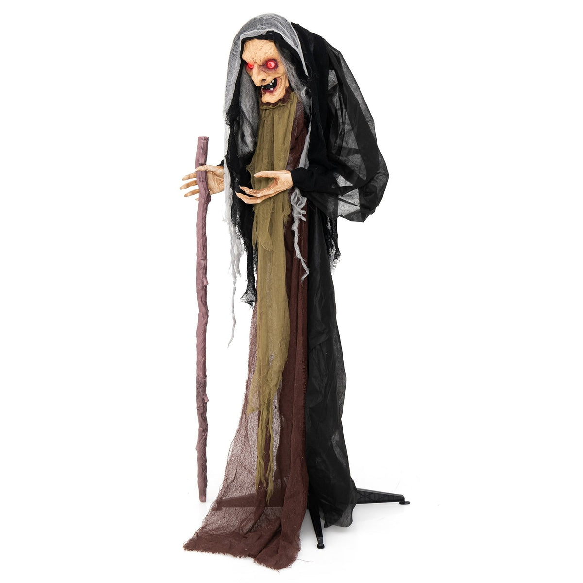 Life size animatronic witch with glowing eyes and broom, featuring pre-recorded Halloween phrases for spooky holiday decor.