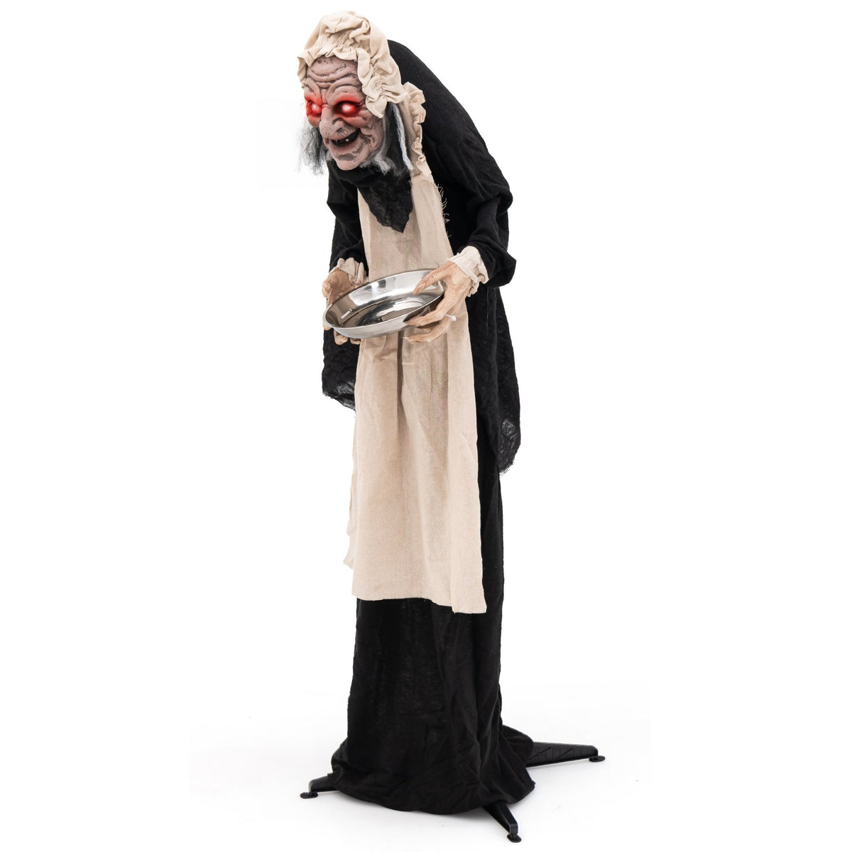 Animated 5.2-foot Halloween greeter old lady figure holding a candy dish for holiday decor.
