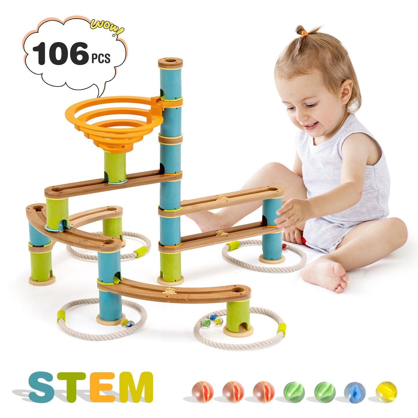 Bamboo Build Run Toy with Marbles for Kids Over 4