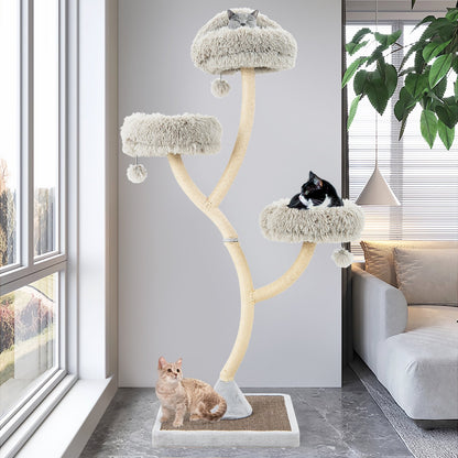 70 Inch Tall Cat Tree 4-Layer Cat Tower with 3 Perches and Dangling Balls-Beige
