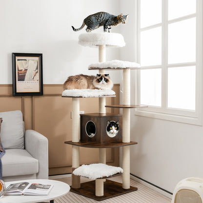 7-Layer Wooden Cat Tree Tall Cat Tower with Sisal Posts and Condo-Brown