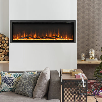 50-inch electric in-wall fireplace with remote control, adjustable color and brightness, by Wilsons Home Store.