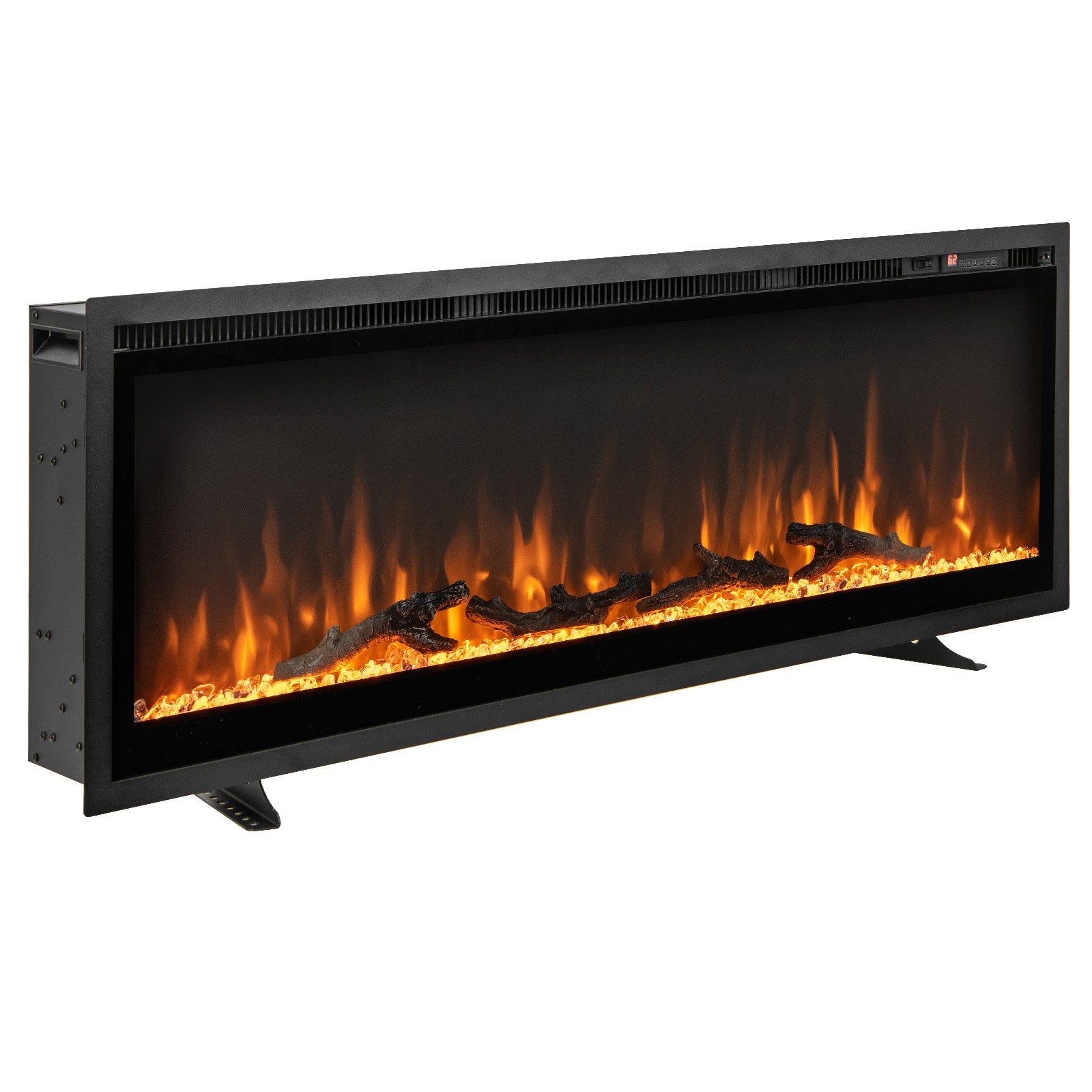 50-inch in-wall electric fireplace by Wilsons Home Store with remote, adjustable color, and brightness for modern climate control.