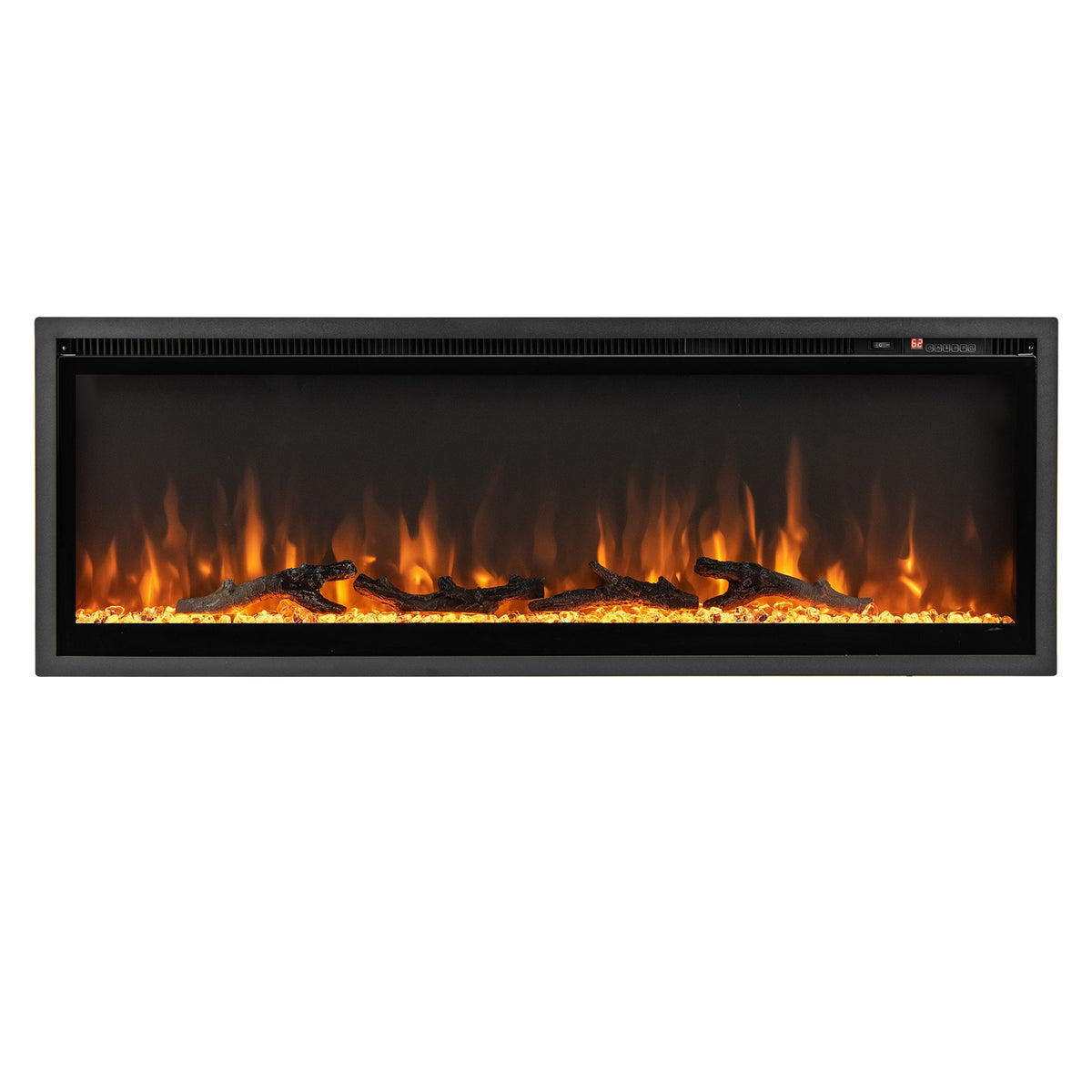 50-inch electric in-wall fireplace with remote control, adjustable color and brightness, by Wilsons Home Store.