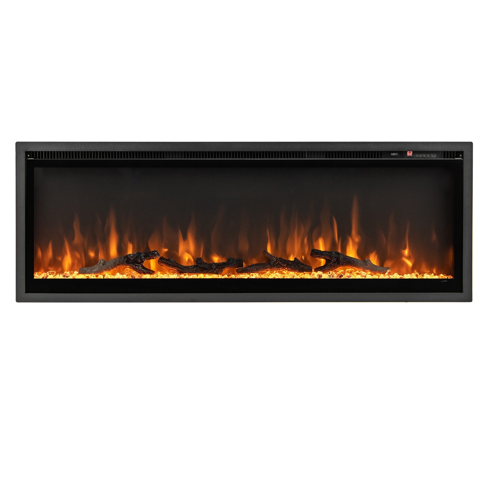 50-inch electric in-wall fireplace with remote control, adjustable color and brightness, by Wilsons Home Store.