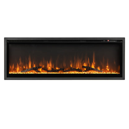 50-inch electric in-wall fireplace with remote control, adjustable color and brightness, by Wilsons Home Store.
