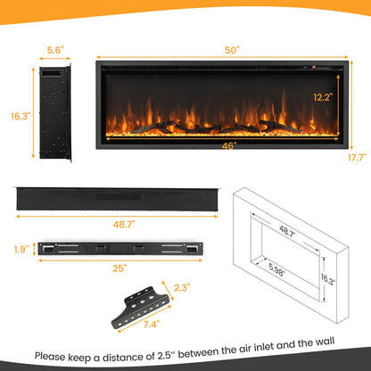 50-inch electric in-wall fireplace by Wilsons Home Store with remote control, adjustable color and brightness, for modern climate control.