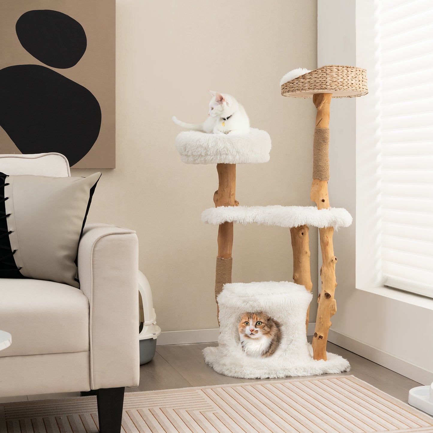 Solid Wood Cat Tower with Top Cattail Basket Cat Bed for Indoor Cats-White